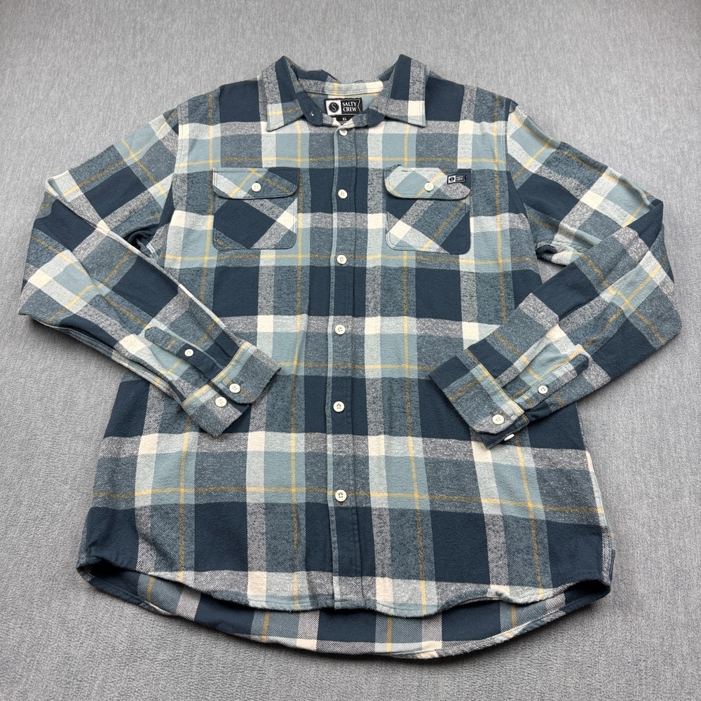 Salty Crew Flannel Shirt Men XL Blue Long Sleeves Crew Dawn Patrol CHEST Pockets